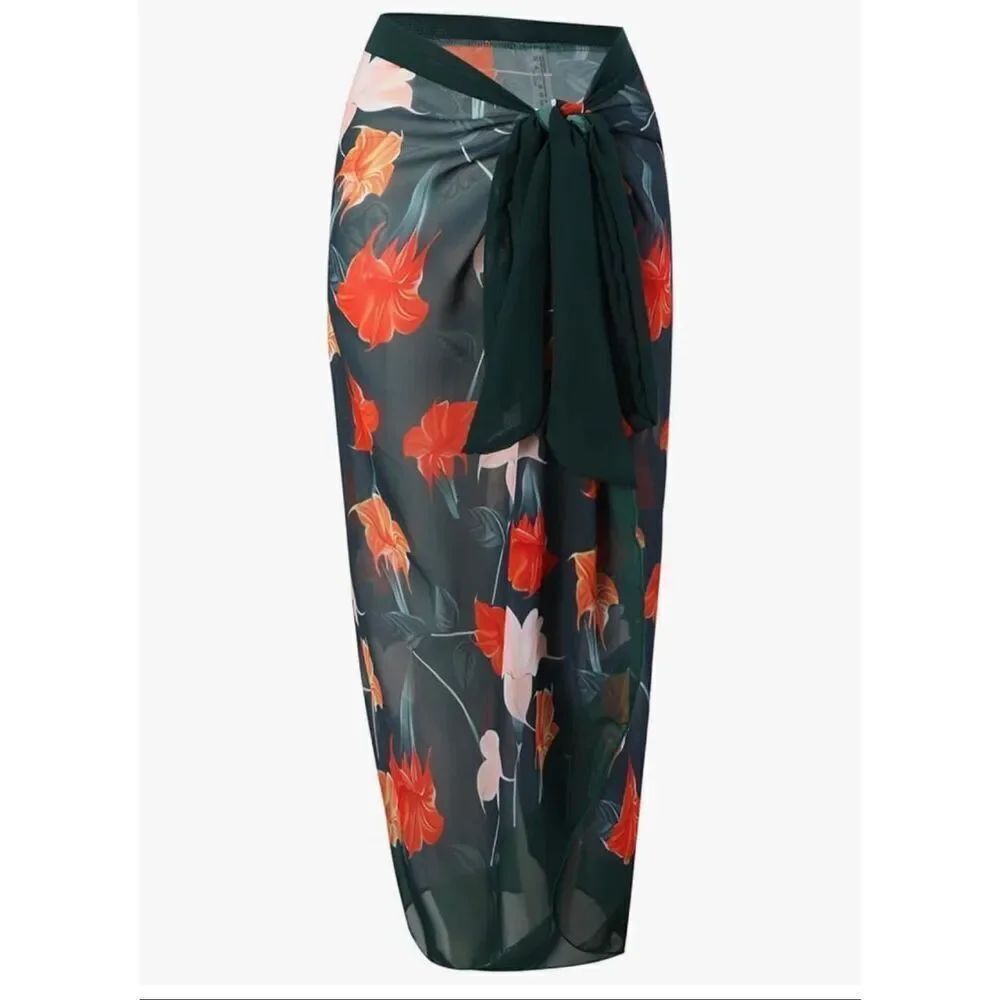 Floral Sheer Chiffon Wrap Skirt Green Red White Flowers Oversized